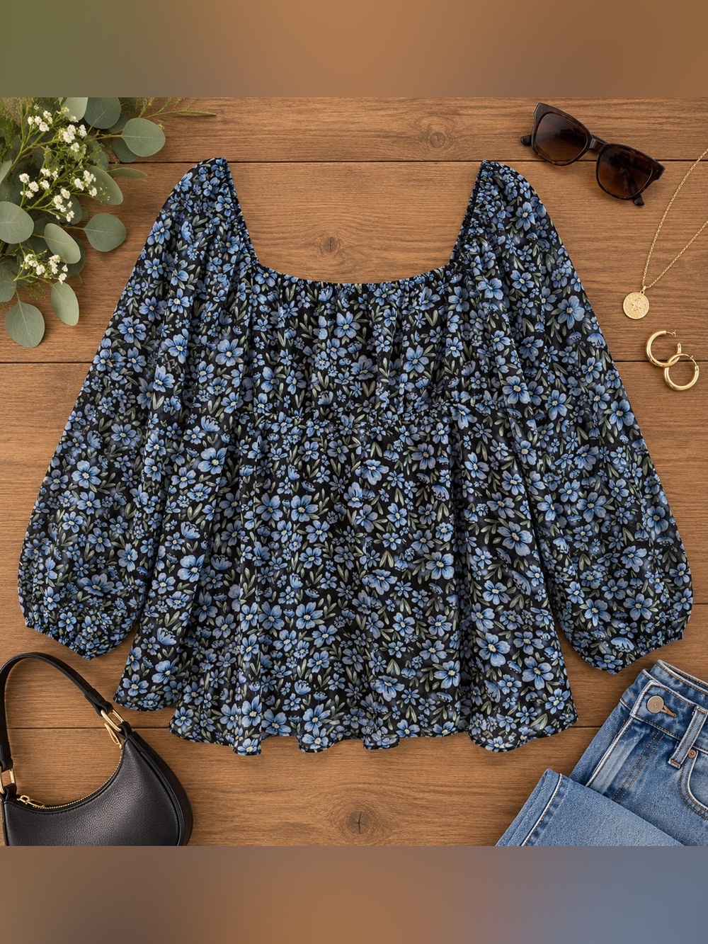 Boohoo Blue Floral Milkmaid Top Square Neck Balloon Sleeves | Size 6 - Picture 3 of 7